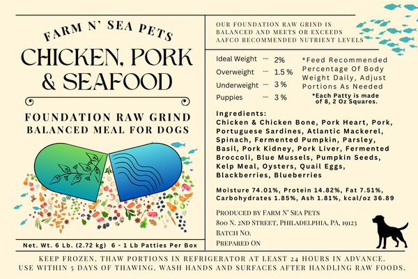 Pork, Chicken & Seafood Foundation Raw Grind For Dogs, Scoop-able Container or Patties