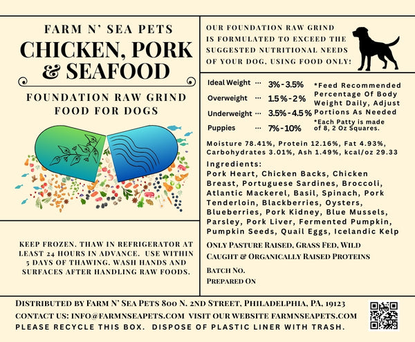Raw Grind - Chicken, Pork & Seafood Foundation Raw Grind For Dogs in Scoop-able Container or Portioned Patties