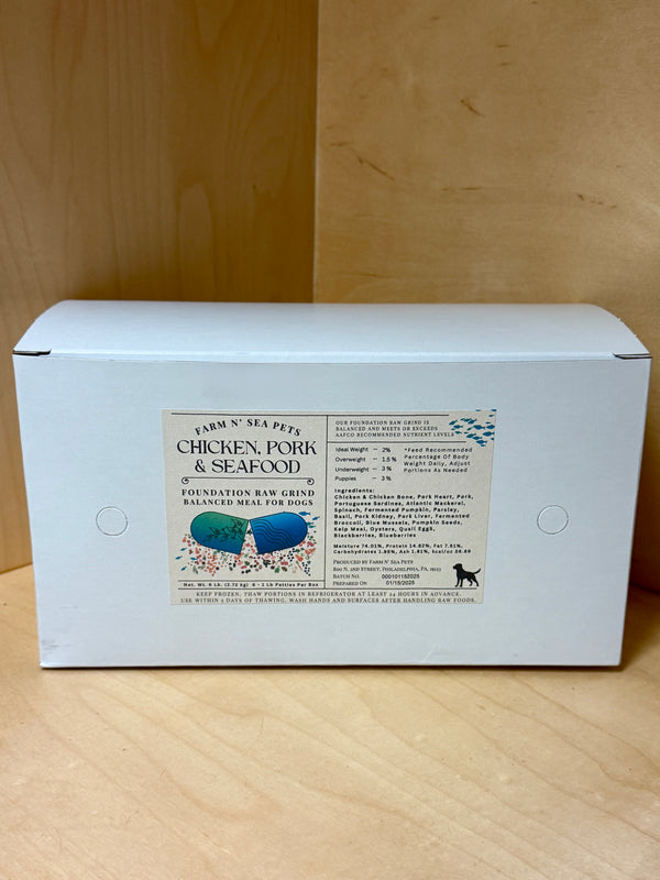 Pork, Chicken & Seafood Foundation Raw Grind For Dogs, Scoop-able Container or Patties
