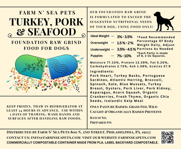Raw Grind - Turkey, Pork & Seafood Foundation Raw Grind For Dogs in Scoop-able Container or Portioned Patties