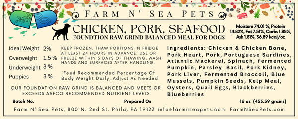 Pork, Chicken & Seafood Foundation Raw Grind For Dogs, Scoop-able Container or Patties