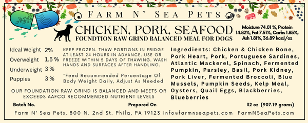 Pork, Chicken & Seafood Foundation Raw Grind For Dogs, Scoop-able Container or Patties
